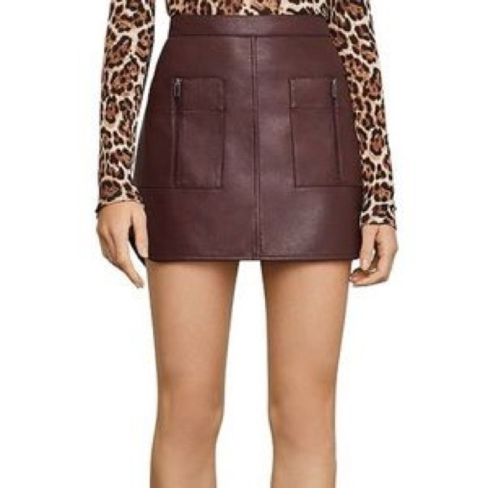 BCBGMAXAZRIA Bordeaux Burgundy Faux Leather Skirt With Front Pockets and Zippers